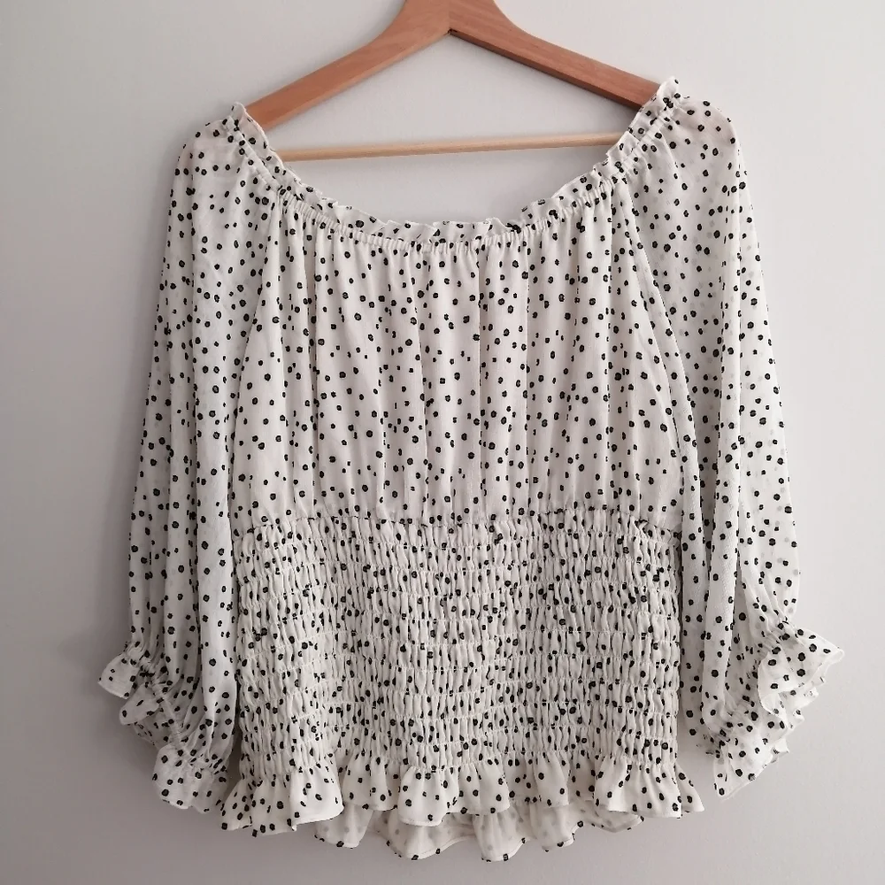 By Anthropologie Lucia Off the Shoulder Smocked Blouse White Polka Dot Large - Picture 3 of 16